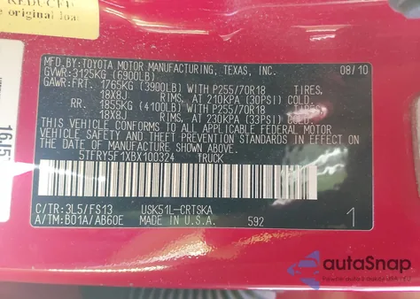 2011 Toyota Tundra Grade 5.7L V8 z USA, uszkodzony, nr VIN 5TFRY5F1XBX100324